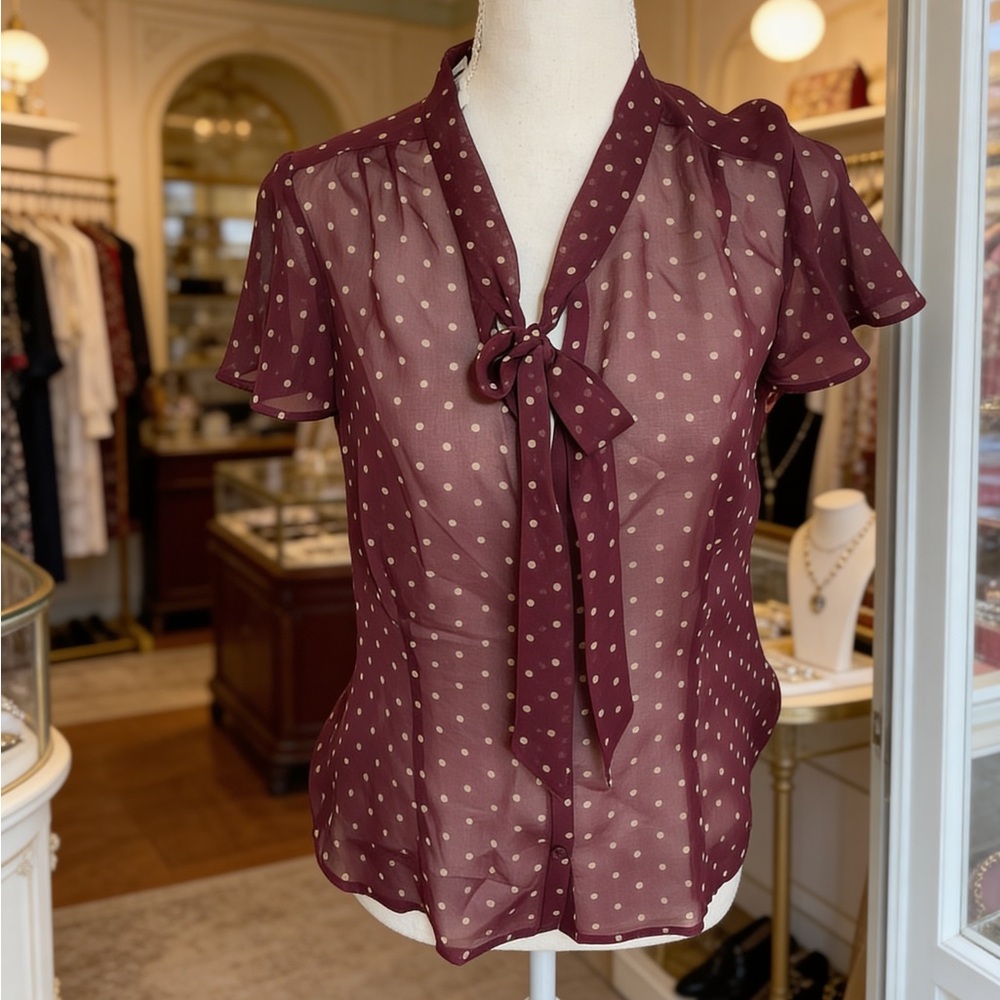 Old Navy Perfect Fit Silk polka dot button down blouse maroon tan sheer MEDIUM - Picture 2 of 16